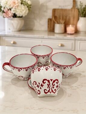 Set (4) Portuguese Hand Painted Pottery Cups Mugs | Mauve & Cream | EUC